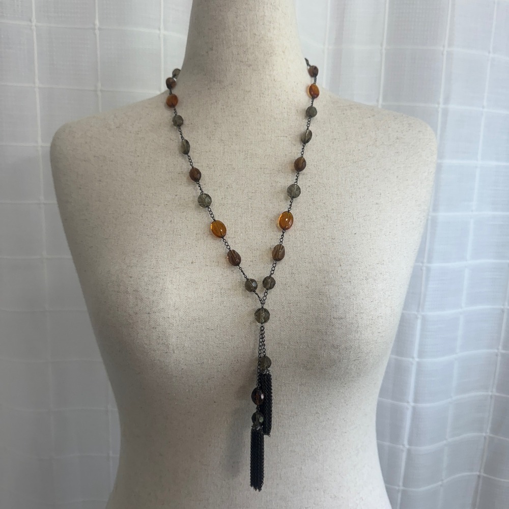 Amber Smoky Brown Bead Y-Necklace Gunmetal Chain Double Tassel Lariat Bohemian